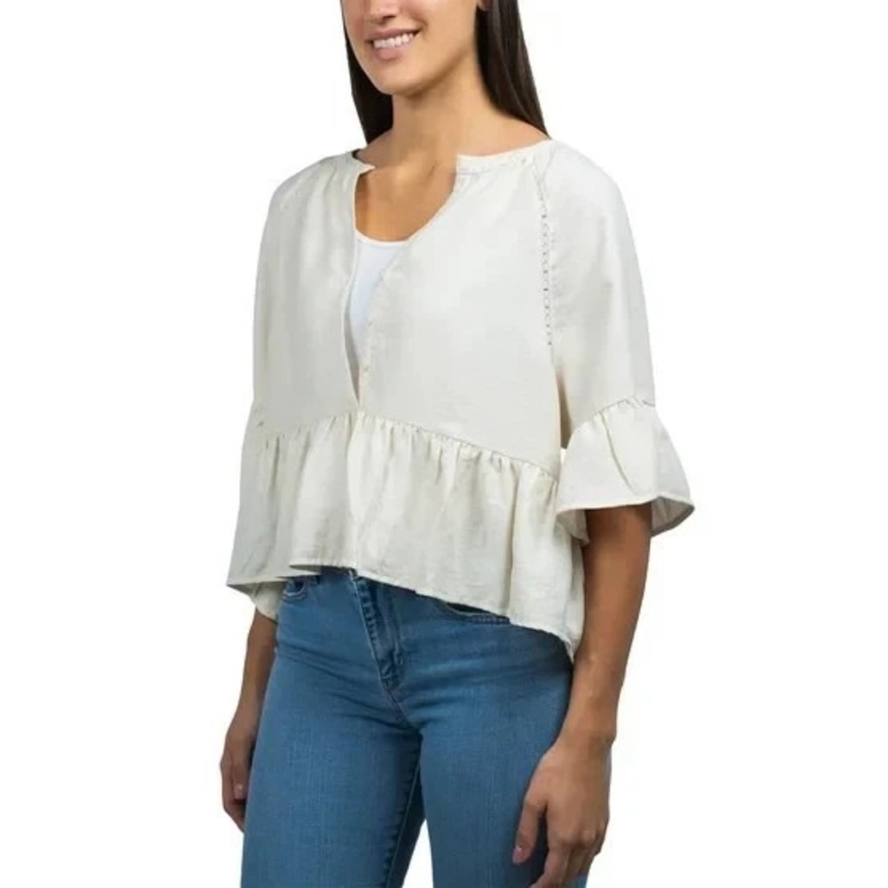 Jachs Girlfriend Women's Short Sleeve Ruffle Blouse, Cream, Size: Large, New